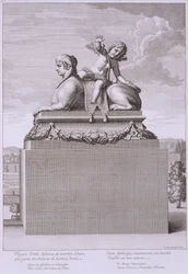 Figur einer Sphinx aus weißem Marmor, die einen bronzenen Amor trägt, in Versailles, 1676, aus 